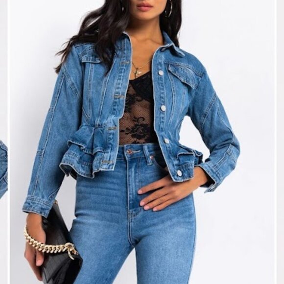 Azalea Wang  Blue Denim Ruffled Peplum Jacket Size Medium 100% Cotton - Picture 5 of 12
